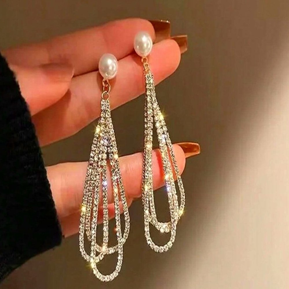 Long Waterdrop  Rhinestone Decor  Earrings With Pearl Accent